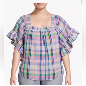 Terra & Sky Multicolored Plaid Ruffle Sleeve Top Size Plus 2X